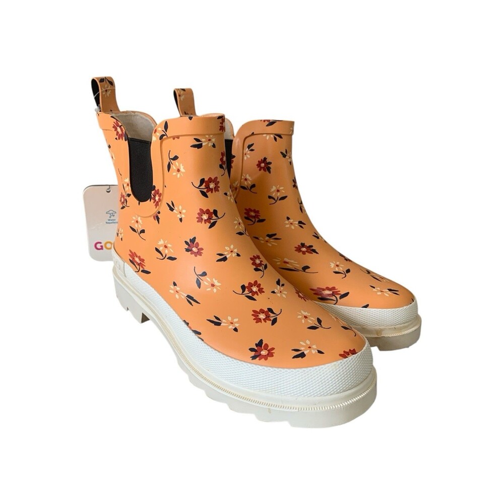NWT GOGO Chelsea Rainboots Orange Floral Aliah/Buttercream - Size 6